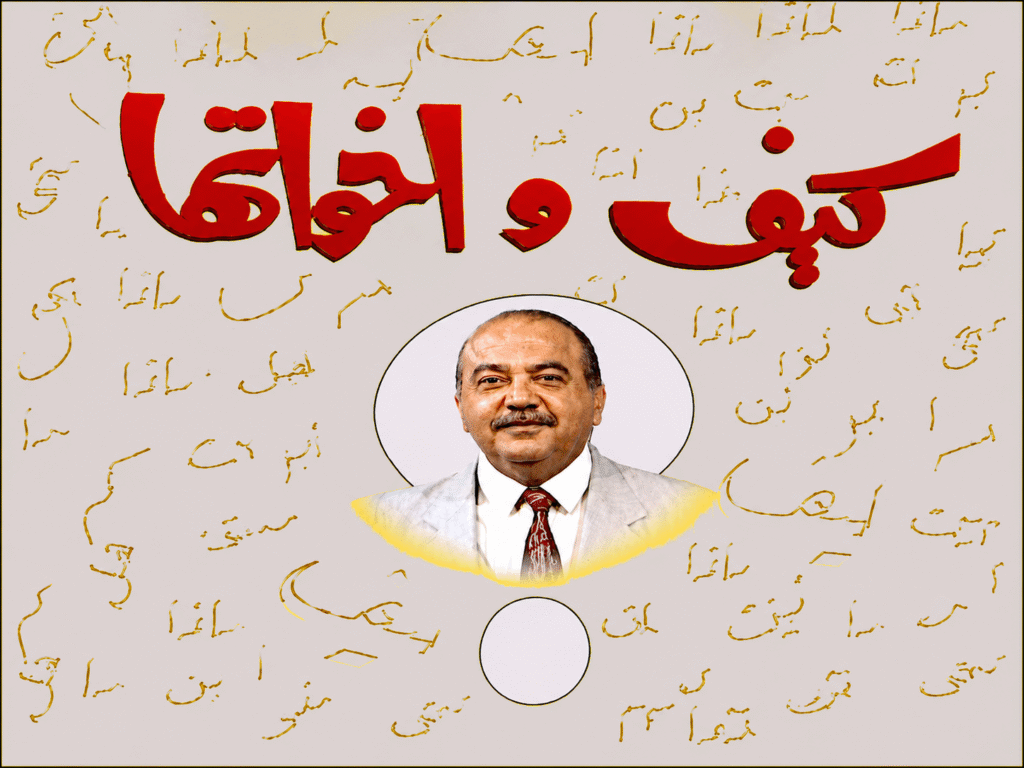 شريف العلمي يطل من داخل علامة استفهام ؟ وفوقه مكتوب ( كيف وأخواتها ) وفي الخلفية بشكل ضبابي كلمات الأسئلة ( كيف و لماذا وأين ) وغيرها.