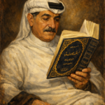 رجل يرتدي ثوبًا وغطاء رأس عربيًا يقرأ كتابًا عربيًا
