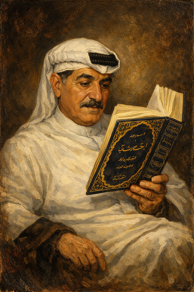 رجل يرتدي ثوبًا وغطاء رأس عربيًا يقرأ كتابًا عربيًا