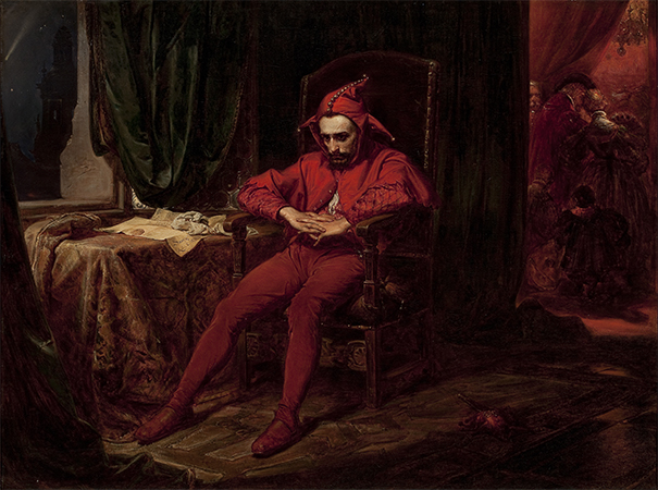 لوحة «ستانتشيك» ليان ماتيكو، 1862م، تُظهر مهرّج البلاط جالسًا شاردًا أثناء احتفال في القصر.
