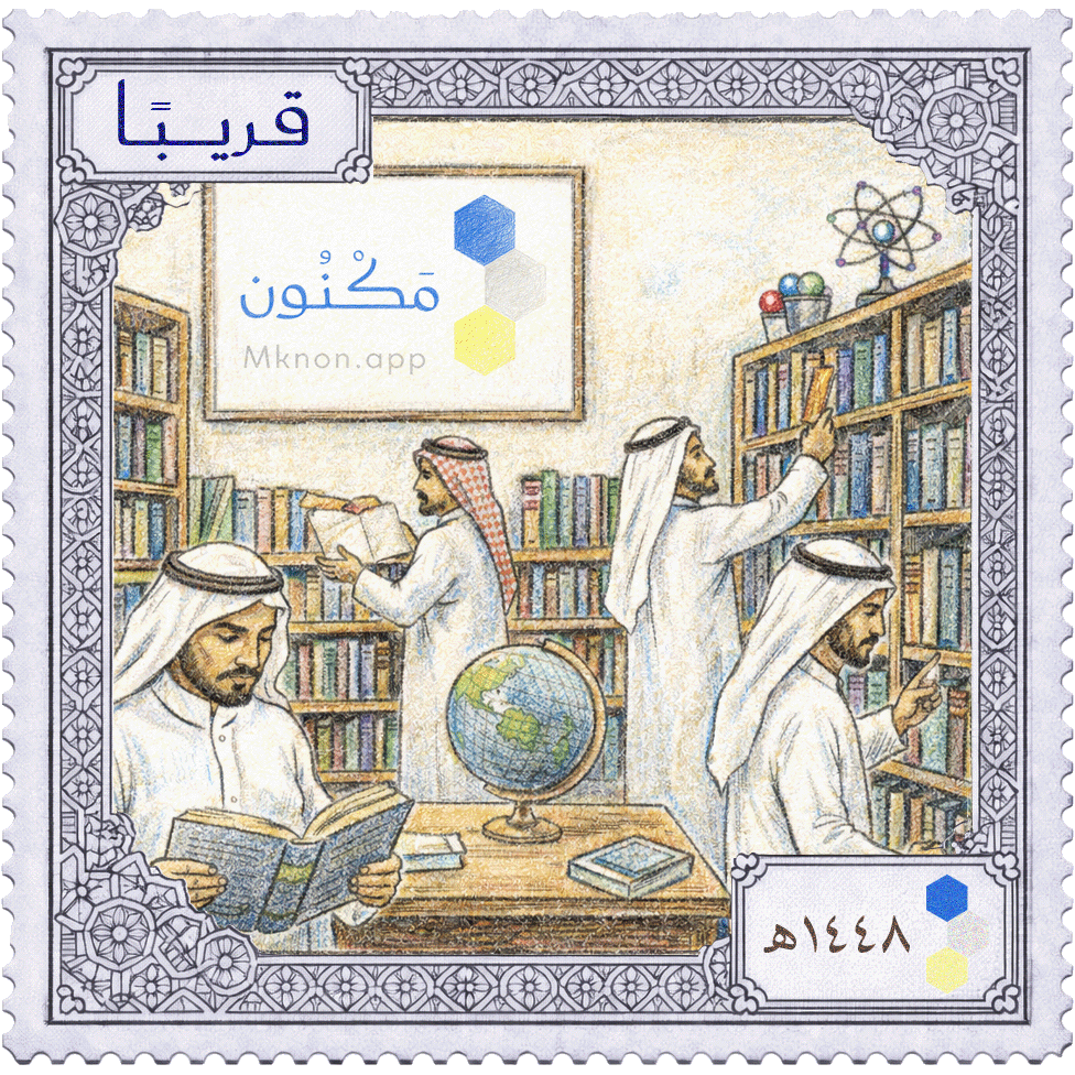 طابع بريدي: أعلاه على اليسار كلمة ( قريبًا )
ورسمة ٤ رجال يبحثون داخل مكتبة ويطّلعون أحدهم جالس على كرسي وأمامه طاولة عليها مجسم الكرة الأرضية.
وعلى جدار المكتبة لوحة بشعار مكنون الكامل الملون.
في الأسفل على اليمين شعار مكنون وكتابة ١٤٤٨ هـ.